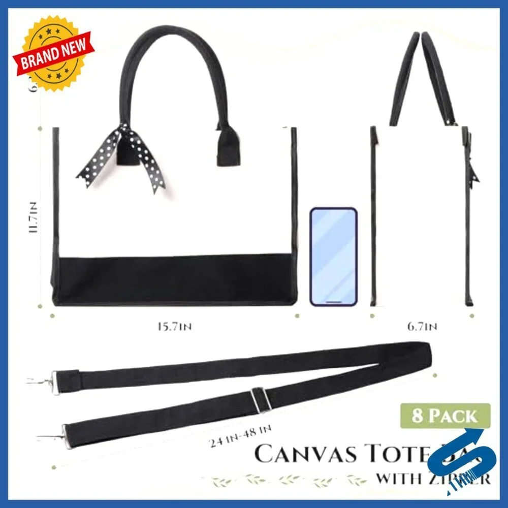 Canvas Tote Bags Set Zipper Closure Adjustable Strap Reusable Grocery Storage